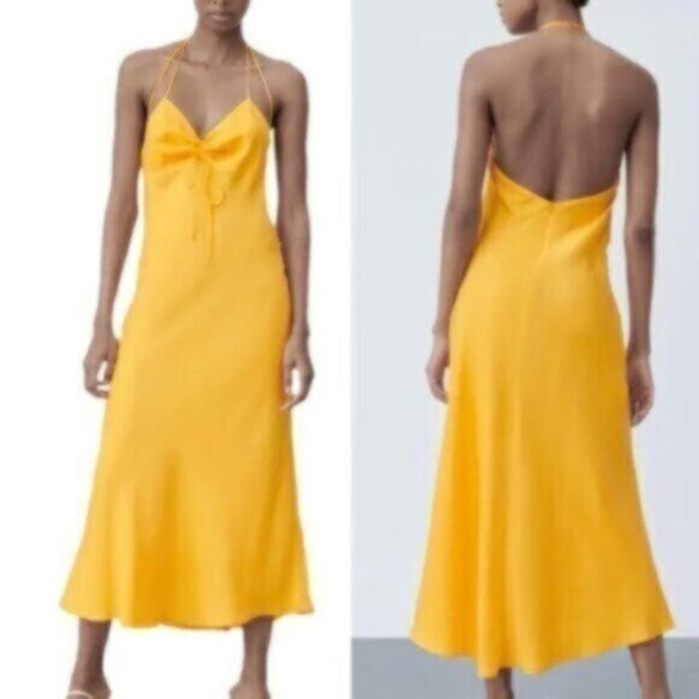 NWT Zara Tangerine Satin Effect Ruched Detail Slip Midi Dress - Picture 11 of 11